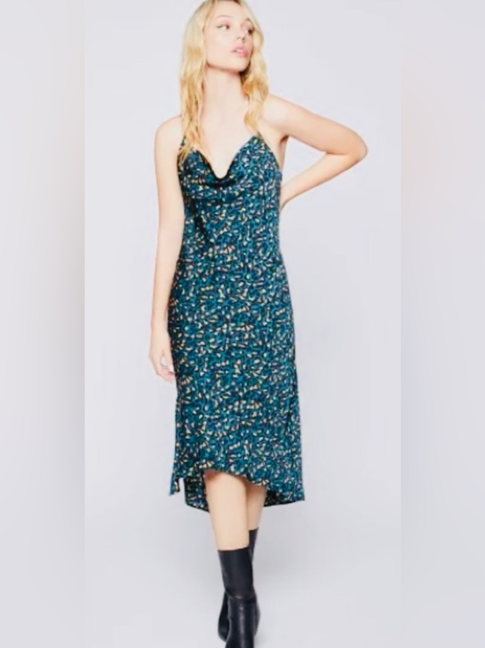 BCBGeneration Teal Floral Backless Halter Midi Dress, Size Large